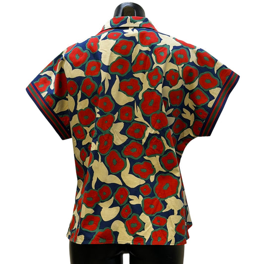 Emily McCarthy Poppy Print Blouse Red Tan Navy Gold Zip M