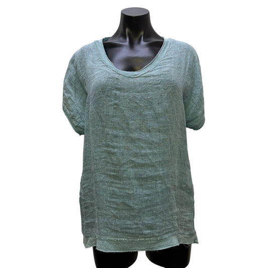 Tempo Paris Blue Linen Blouse V-Neck Short Sleeve S