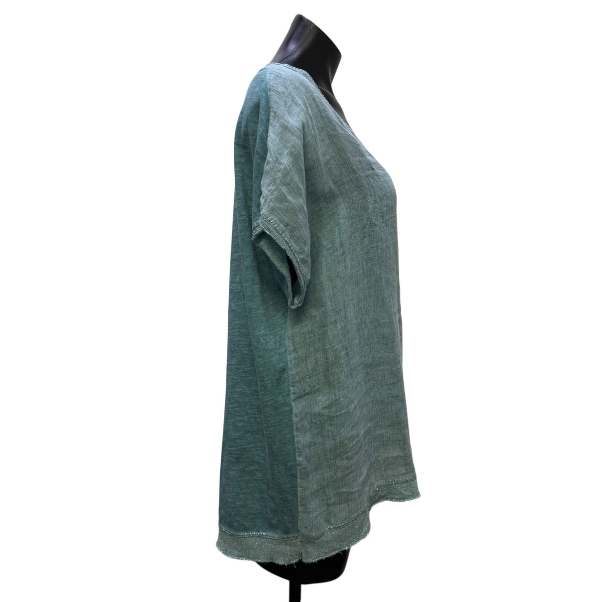 Tempo Paris Blue Linen Blouse V-Neck Short Sleeve S