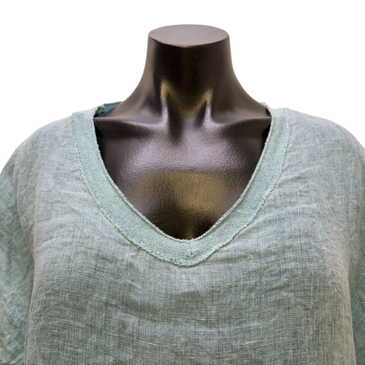 Tempo Paris Blue Linen Blouse V-Neck Short Sleeve S
