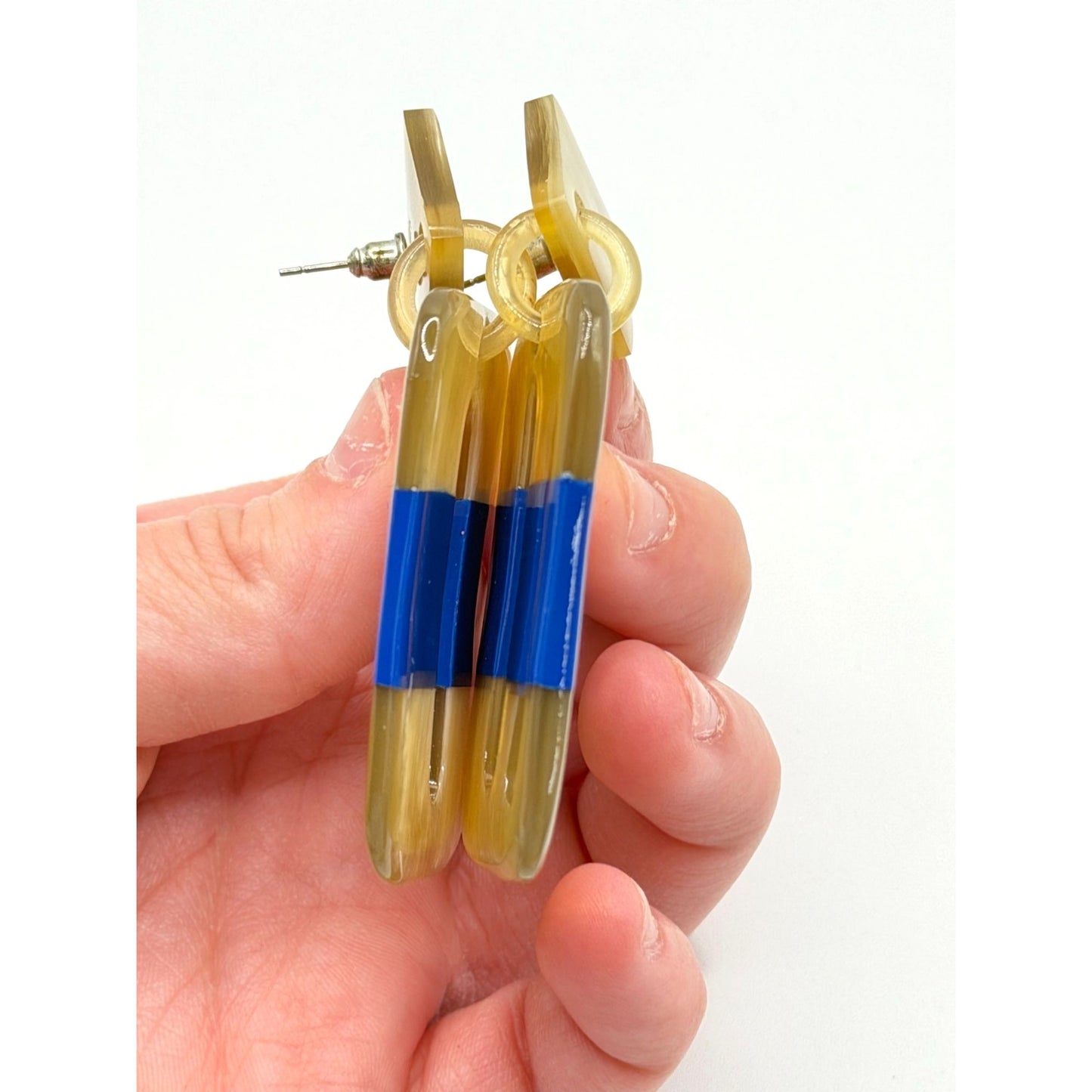 Vintage-Inspired Geometric Dangle Earrings With Blue & Beige Acrylic Accents