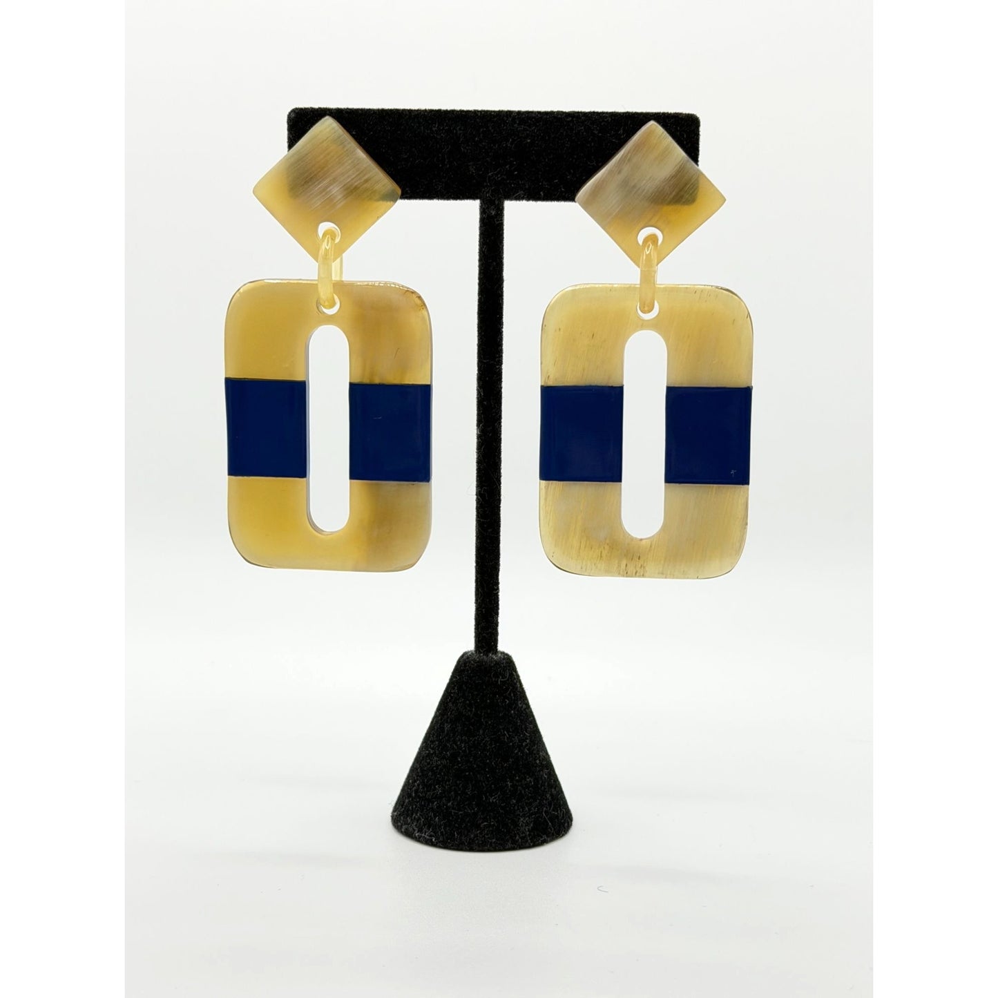Vintage-Inspired Geometric Dangle Earrings With Blue & Beige Acrylic Accents