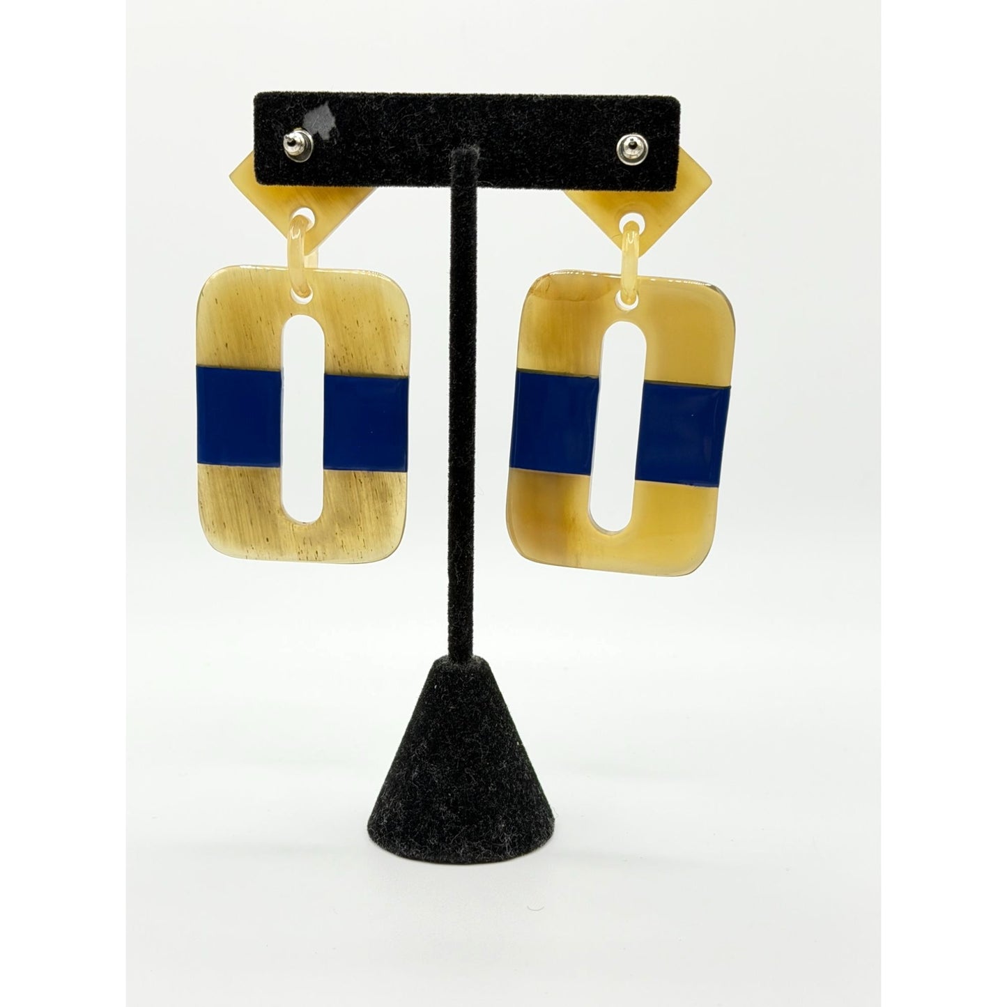 Vintage-Inspired Geometric Dangle Earrings With Blue & Beige Acrylic Accents