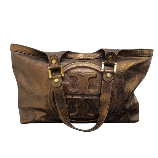Tory Burch Metallic Bronze Leather Logo Tote Handbag With Dual Handles