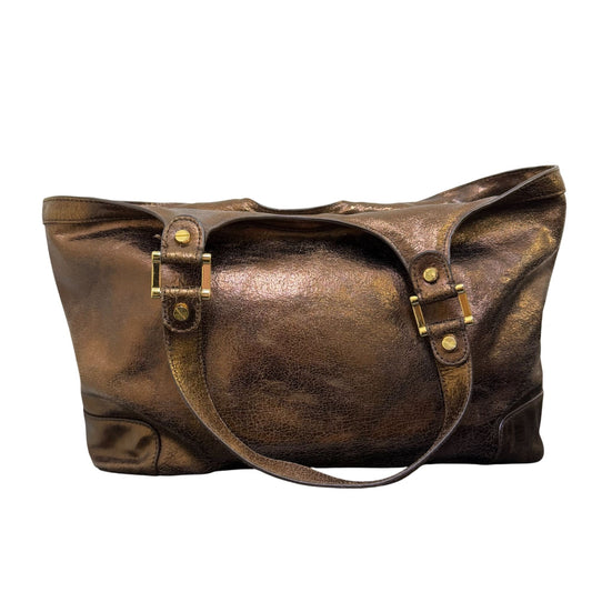 Tory Burch Metallic Bronze Leather Logo Tote Handbag With Dual Handles