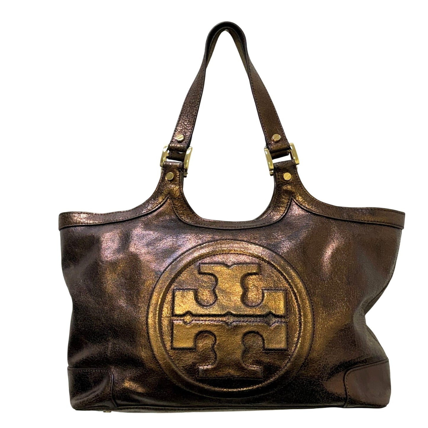 Tory Burch Metallic Bronze Leather Logo Tote Handbag With Dual Handles