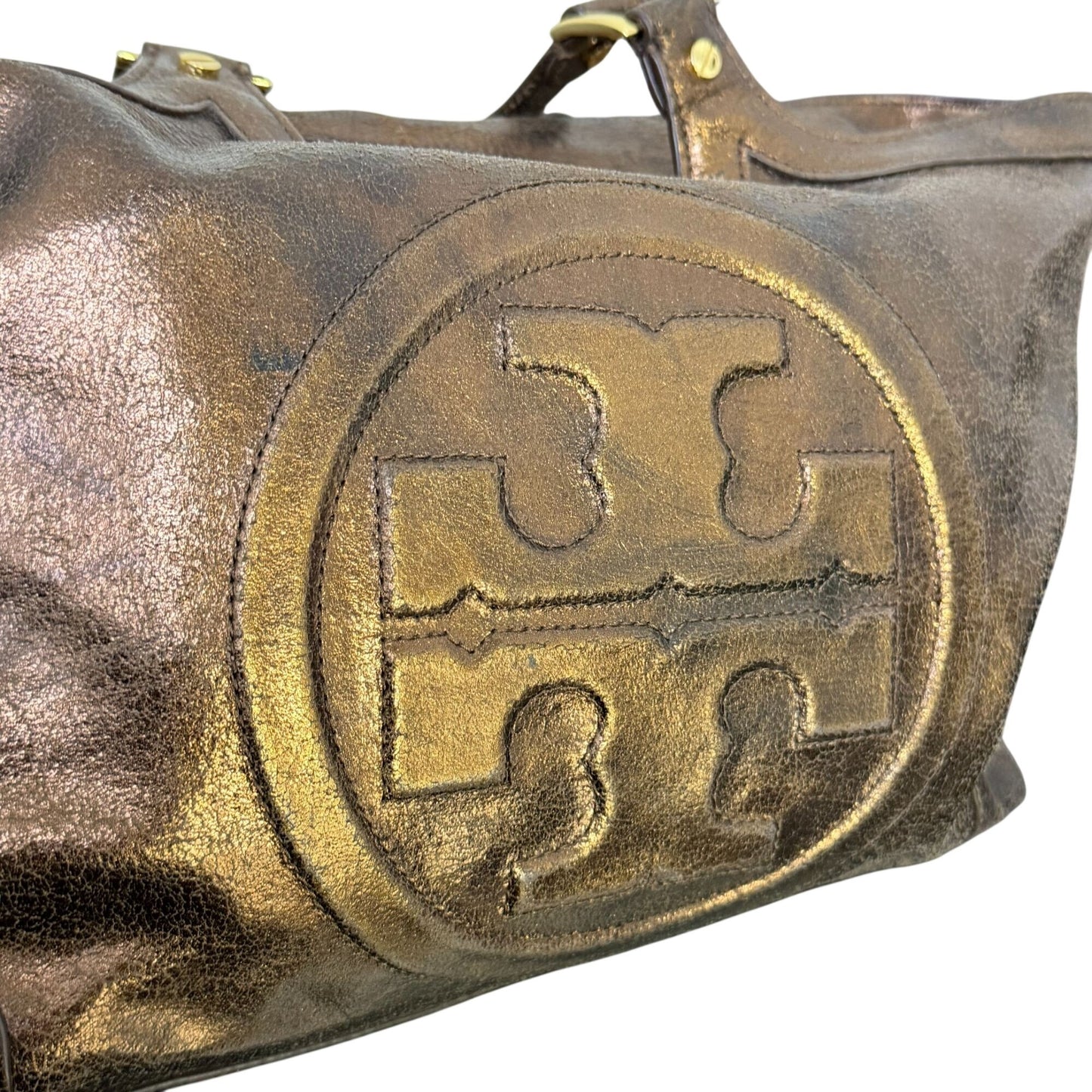 Tory Burch Metallic Bronze Leather Logo Tote Handbag With Dual Handles