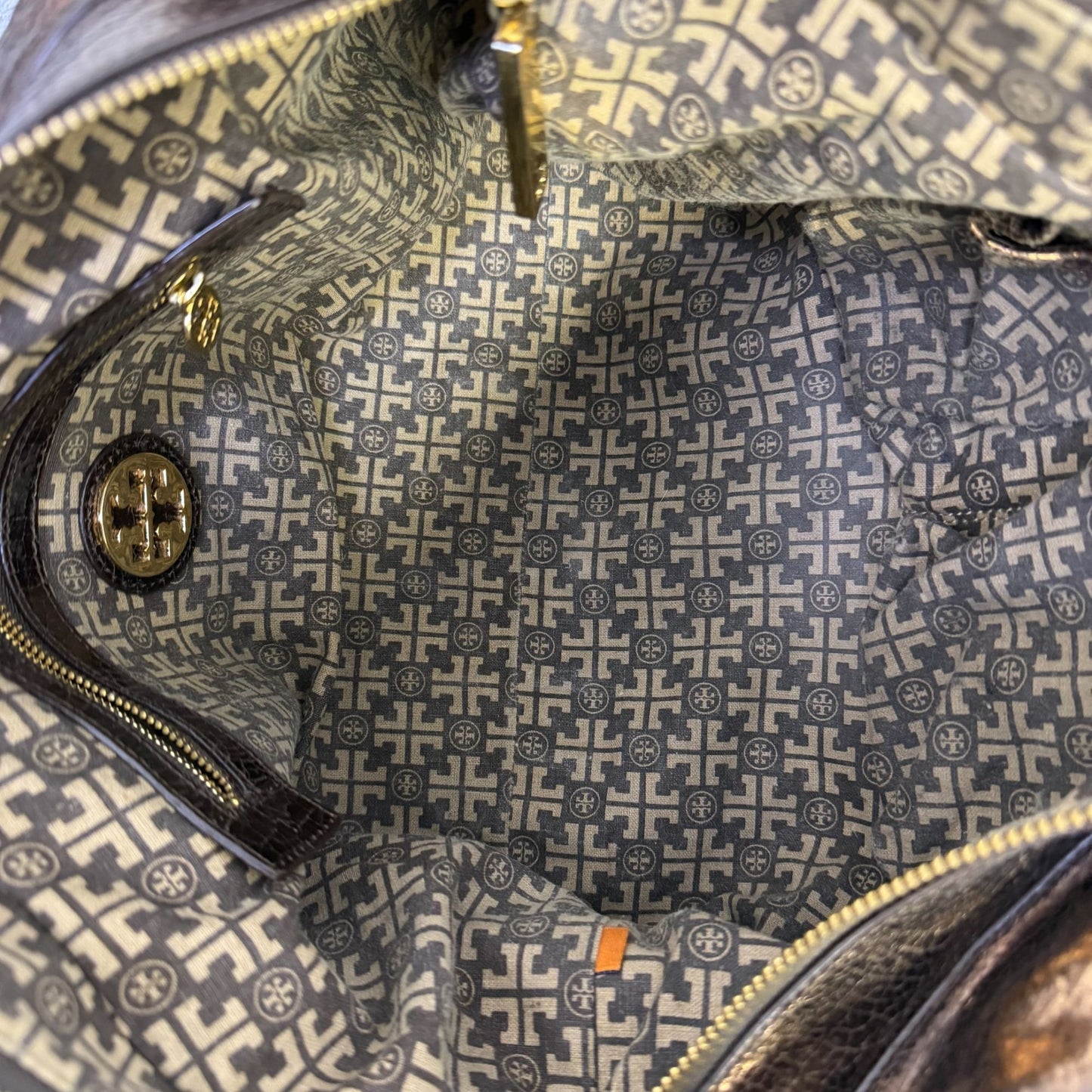 Tory Burch Metallic Bronze Leather Logo Tote Handbag With Dual Handles