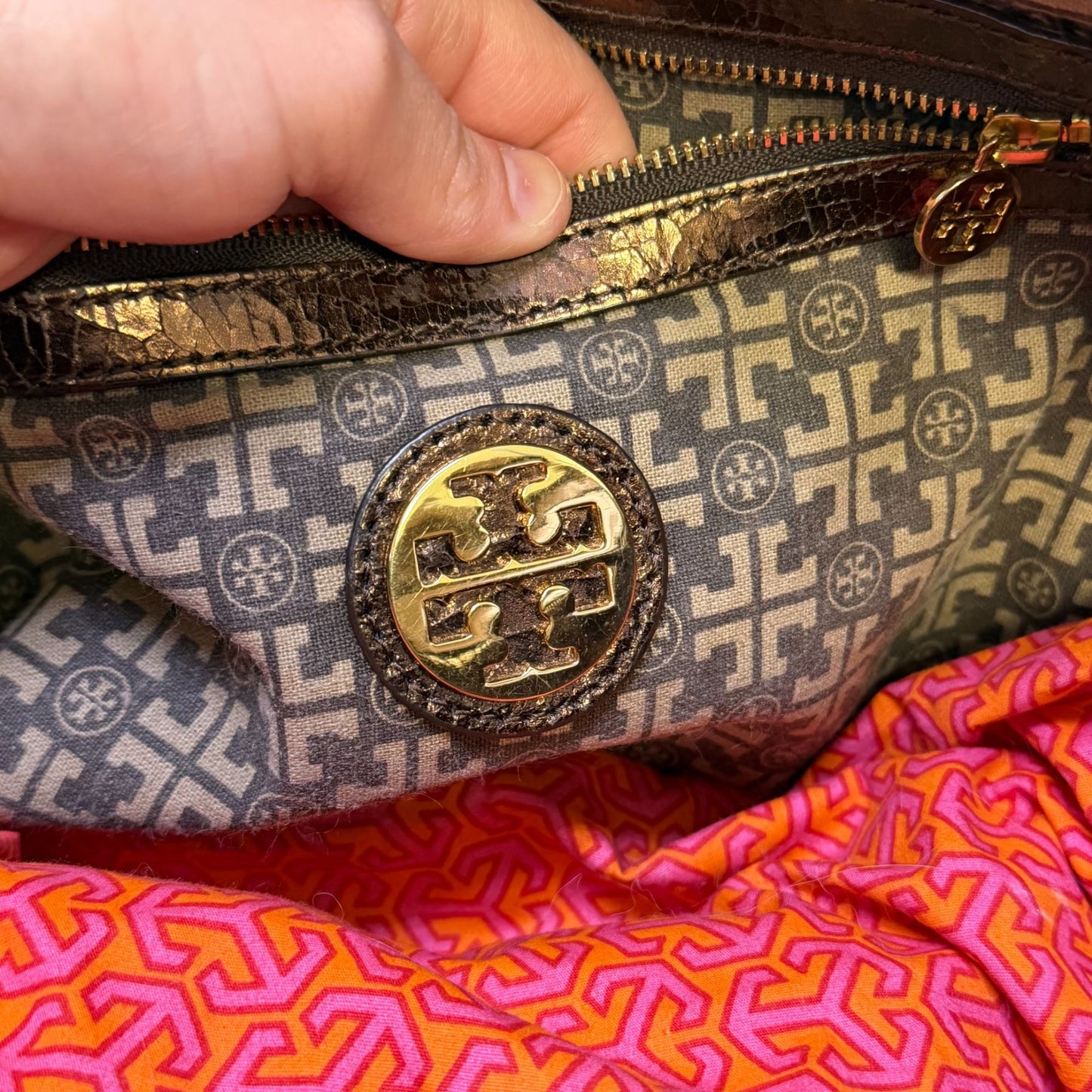 Tory Burch Metallic Bronze Leather Logo Tote Handbag With Dual Handles