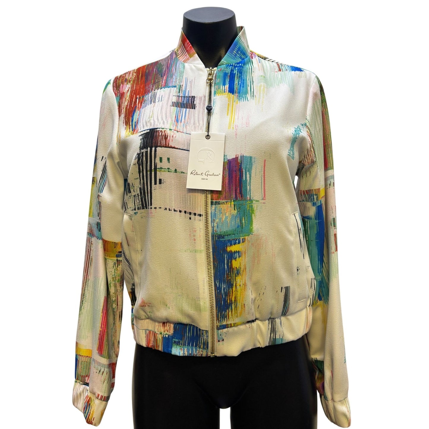 NWT Robert Graham Abstract Print Bomber Jacket White Multi S