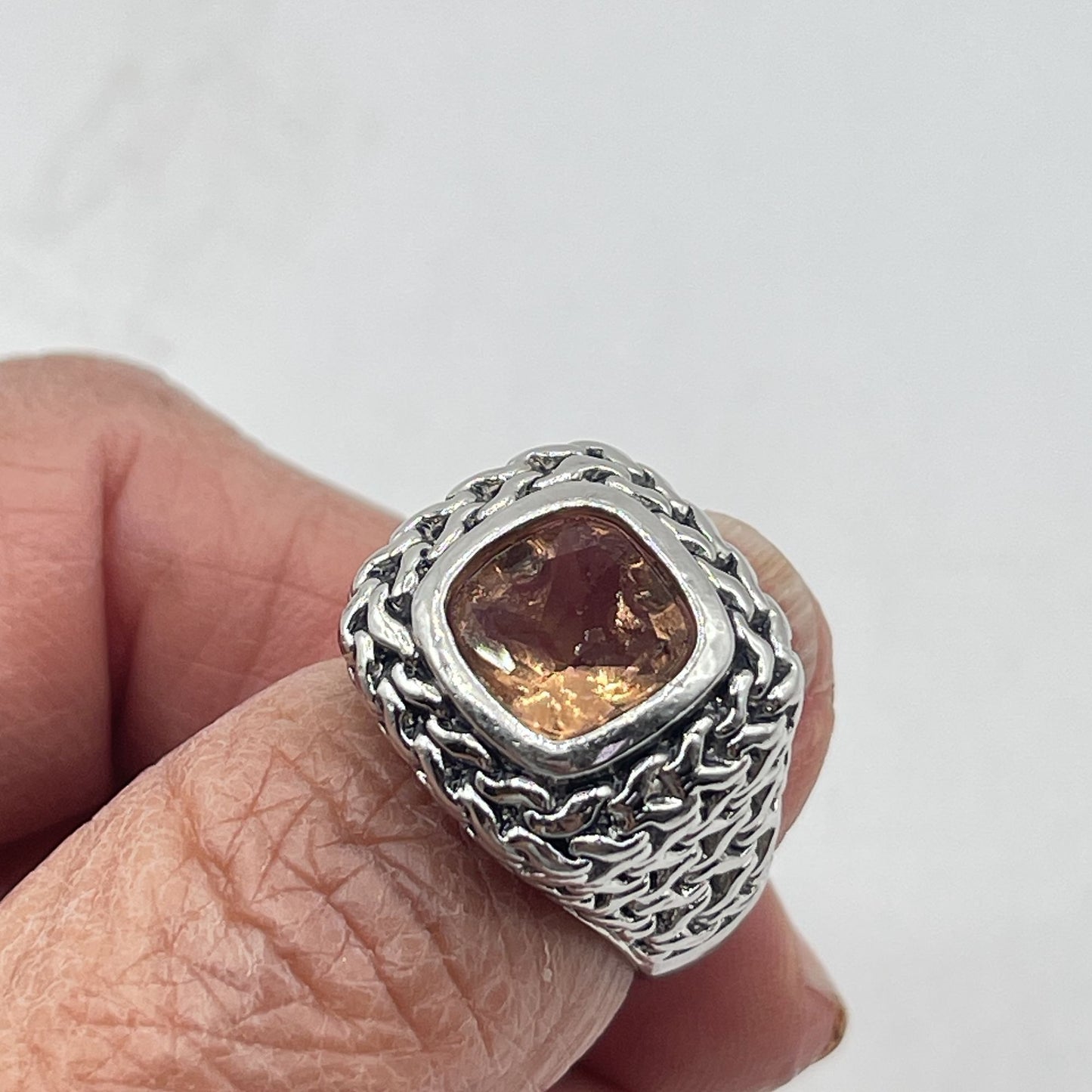 925 Sterling Silver Braided Ring With Citrine Gemstone Size 7.25