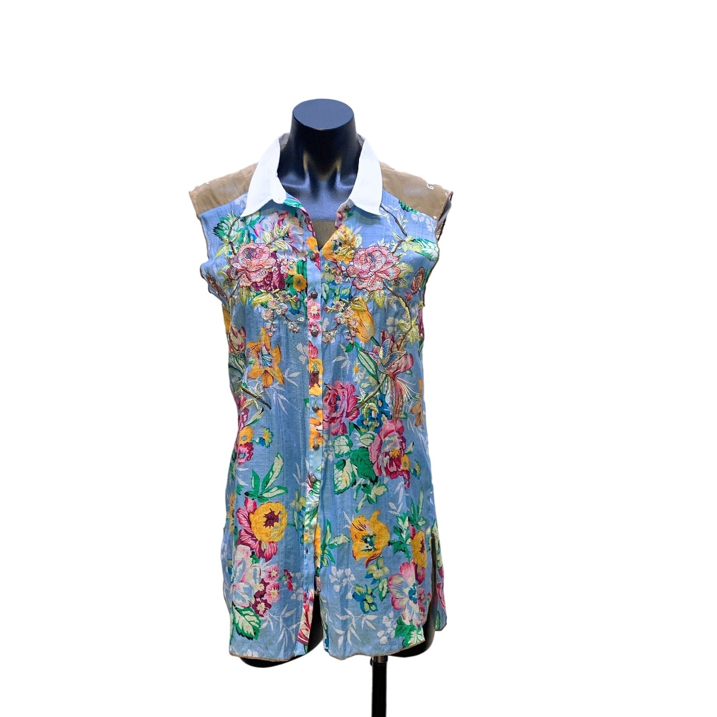 Aratta Silent Journey Floral Embroidered Sleeveless Button-Down Shirt S