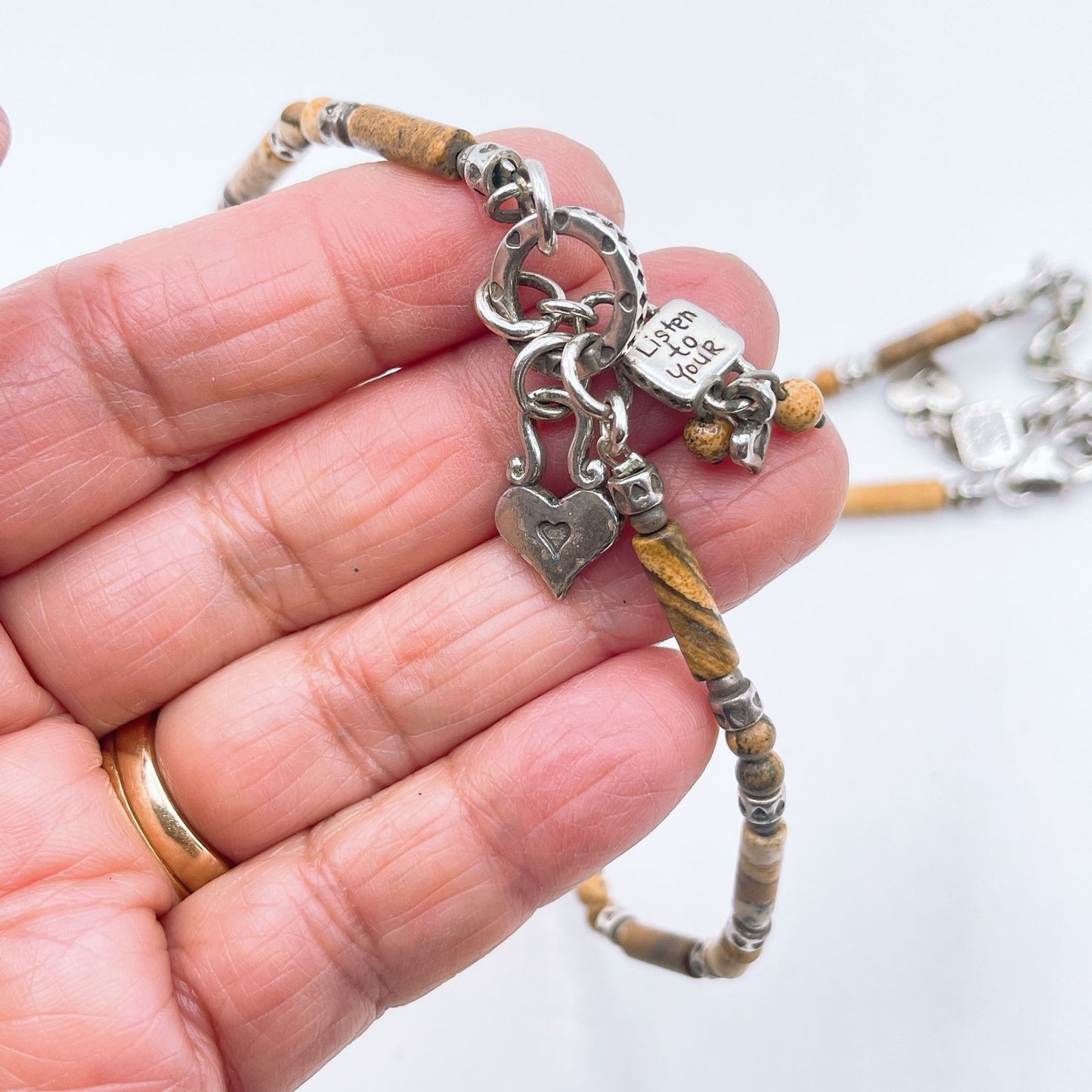 Jasper Beaded Necklace With Heart Charms & "Listen To Your Heart" Pendant