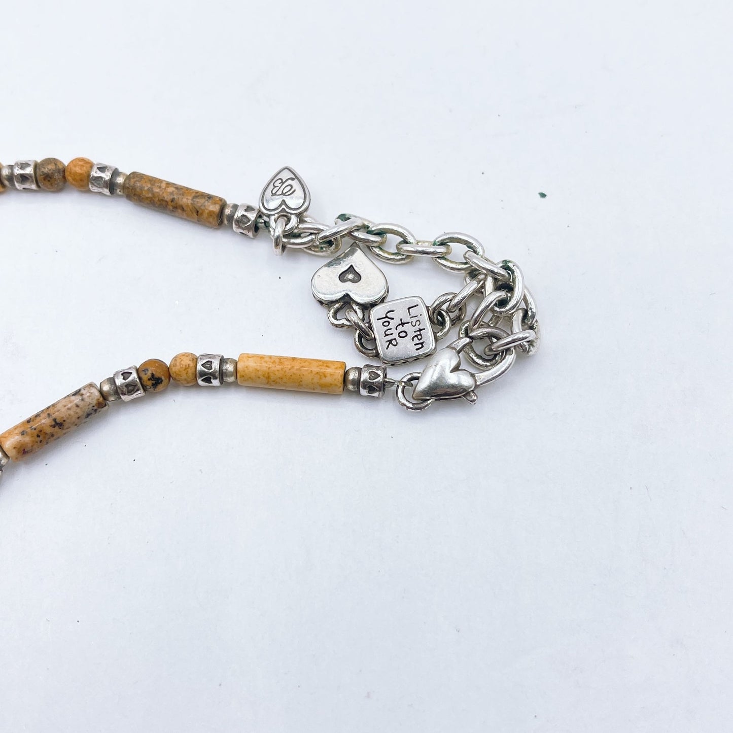 Jasper Beaded Necklace With Heart Charms & "Listen To Your Heart" Pendant