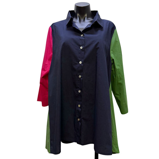 Alembika Colorblock Button-Down Blouse Navy Green Pink Size 6/16-18