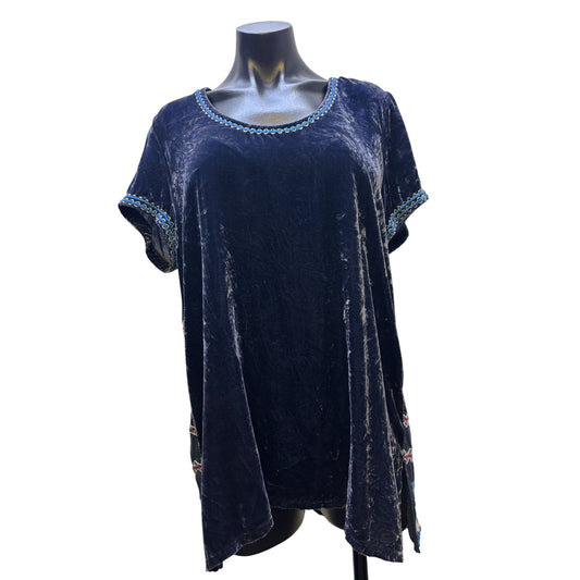 Johnny Was Blue Velvet Embroidered Pullover Tunic Top M