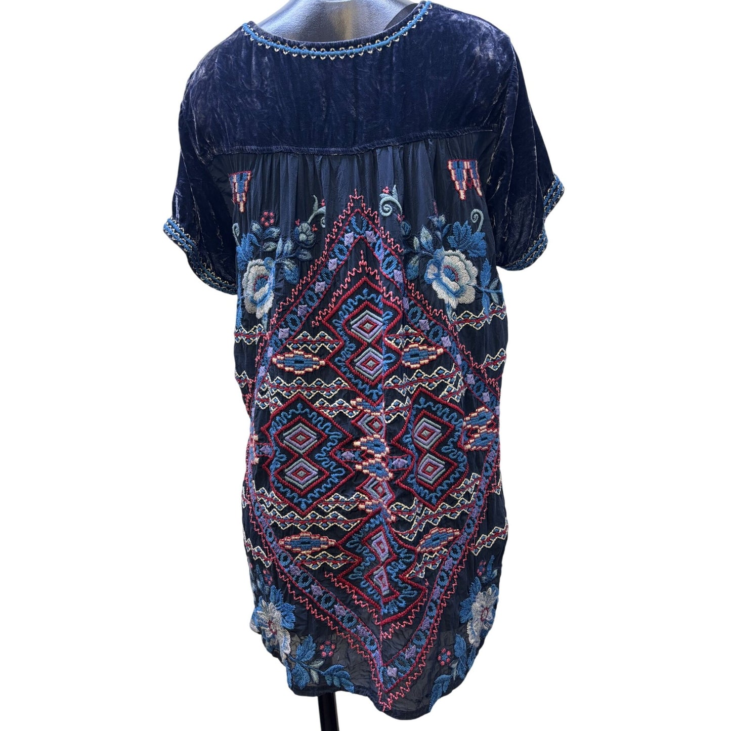 Johnny Was Blue Velvet Embroidered Pullover Tunic Top M