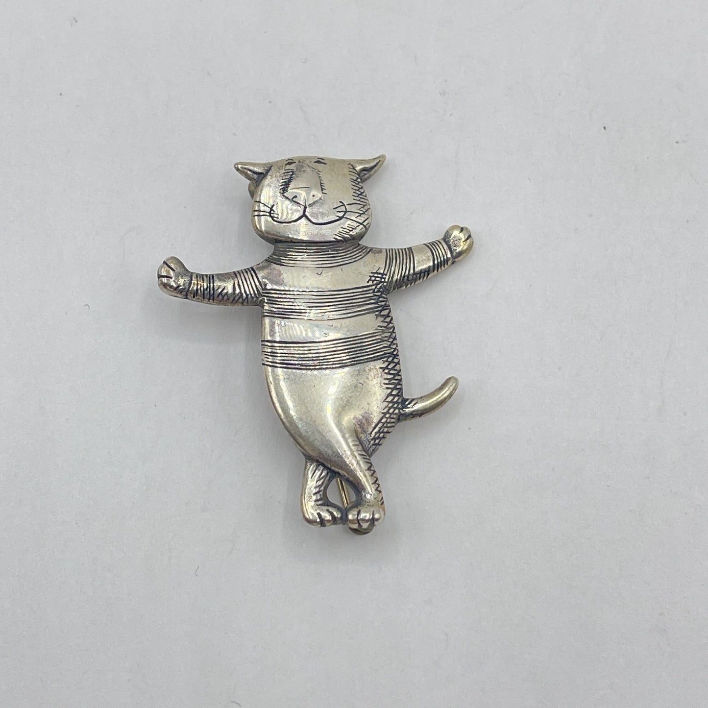 Edward Gorey Eman Govey Silver Cat about Town Dancing Happy Cat Pin Brooch