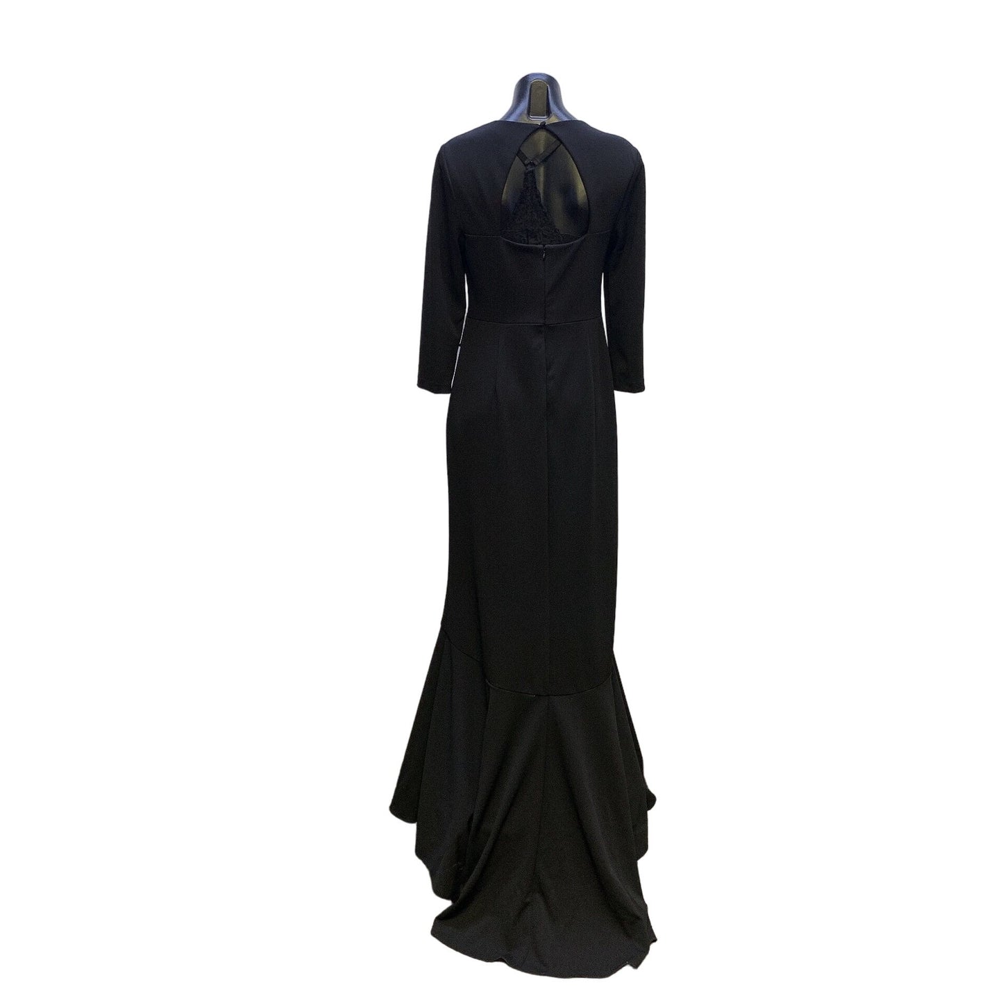 Adrianna Papell Black Evening Gown W/ Asymmetric Ruffle, Train,  & Open Back Detail Size 8