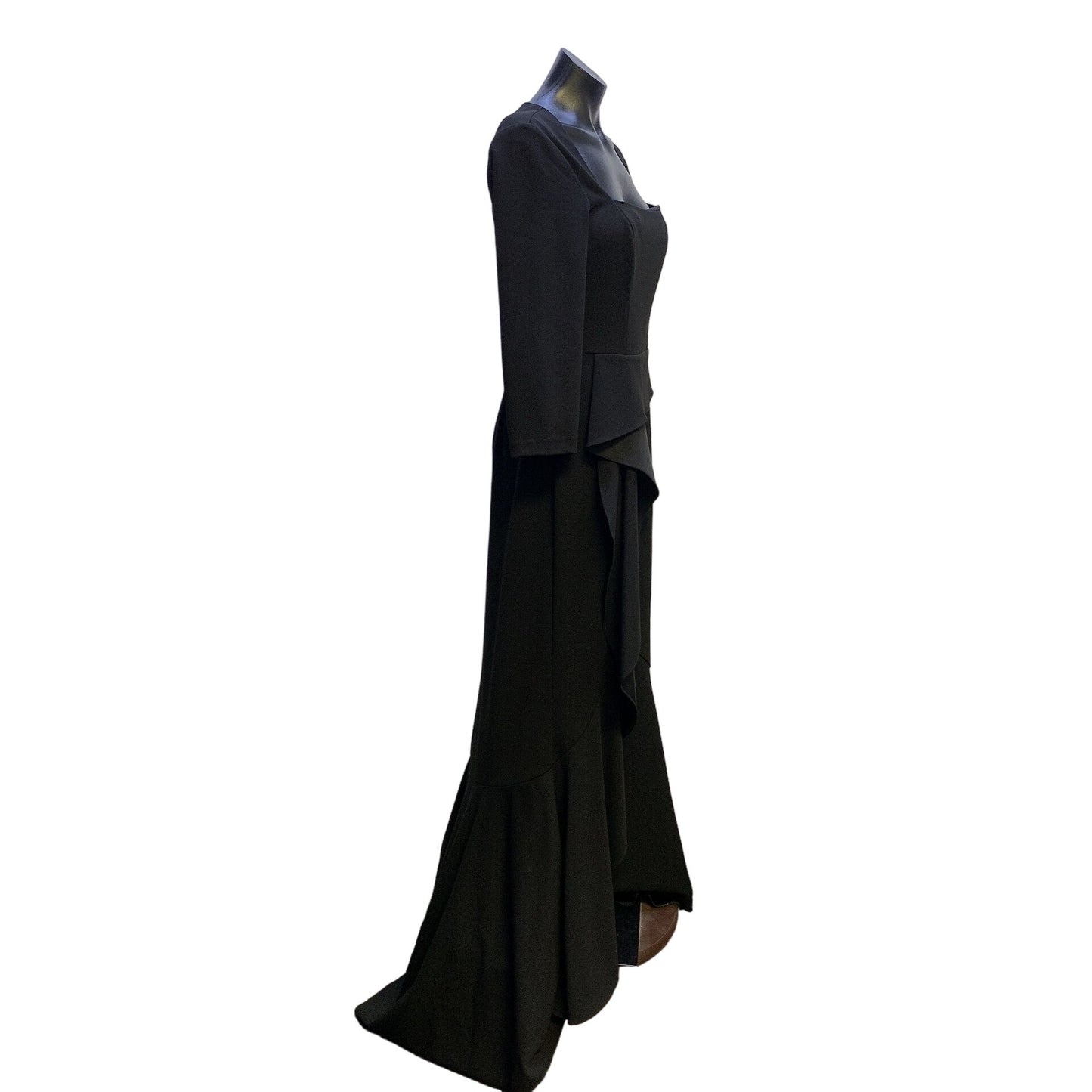 Adrianna Papell Black Evening Gown W/ Asymmetric Ruffle, Train,  & Open Back Detail Size 8