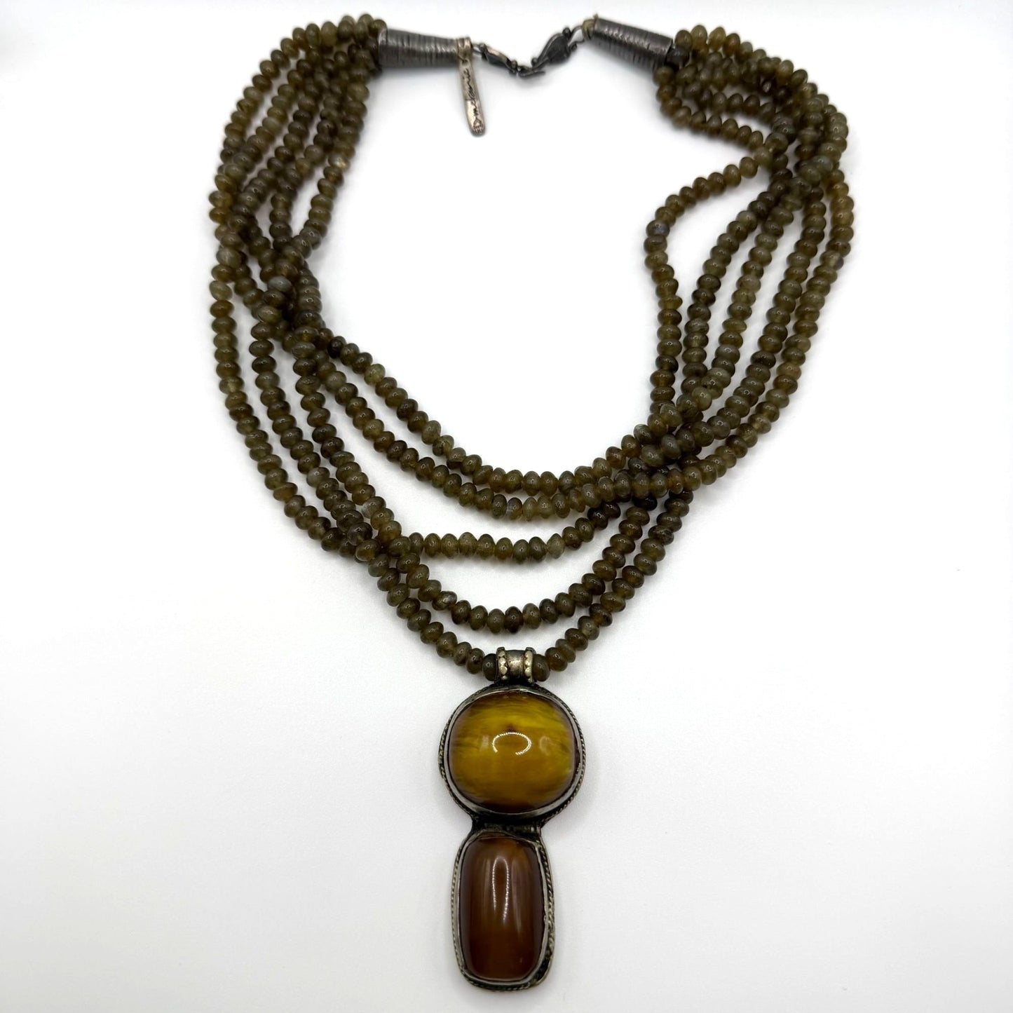 Custom Multi-Strand Green Cats Eye Quartz Necklace With Sterling Silver & Amber Pendant