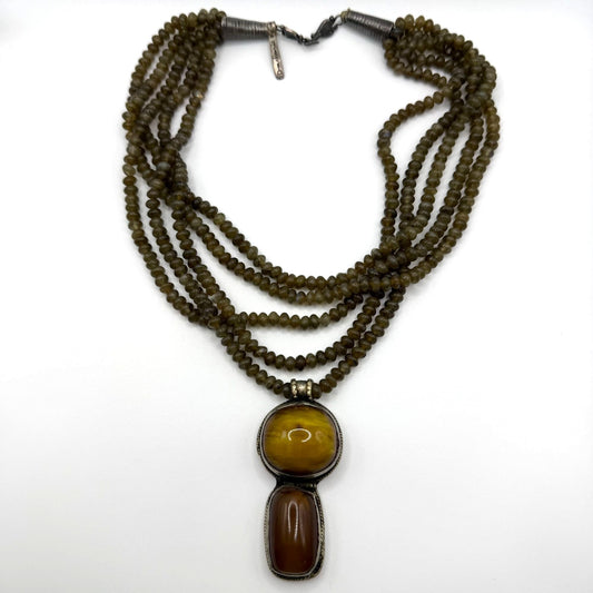 Custom Multi-Strand Green Cats Eye Quartz Necklace With Sterling Silver & Amber Pendant