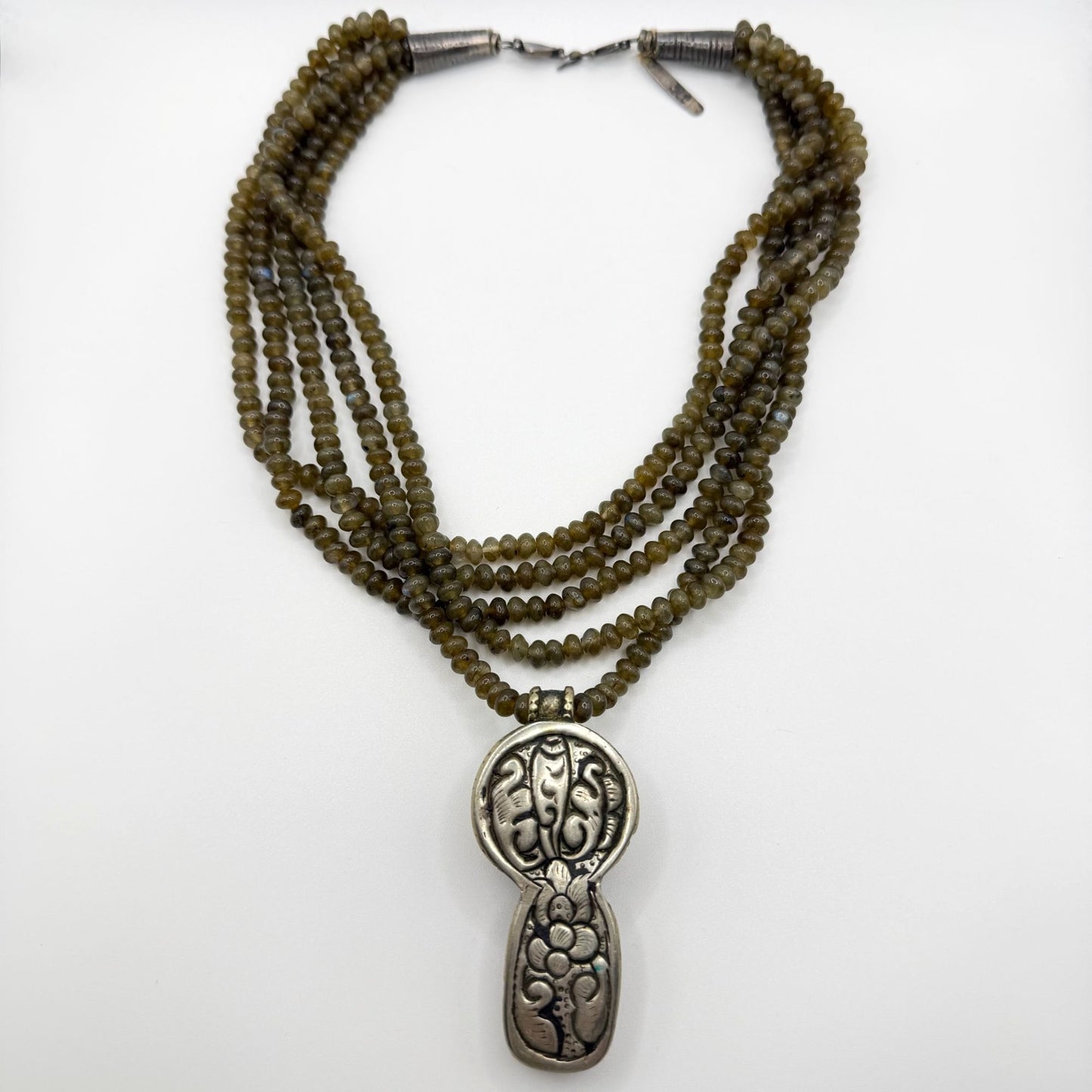 Custom Multi-Strand Green Cats Eye Quartz Necklace With Sterling Silver & Amber Pendant