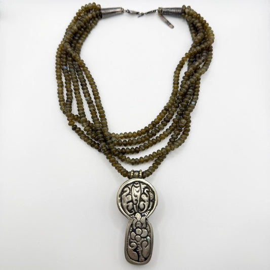 Custom Multi-Strand Green Cats Eye Quartz Necklace With Sterling Silver & Amber Pendant