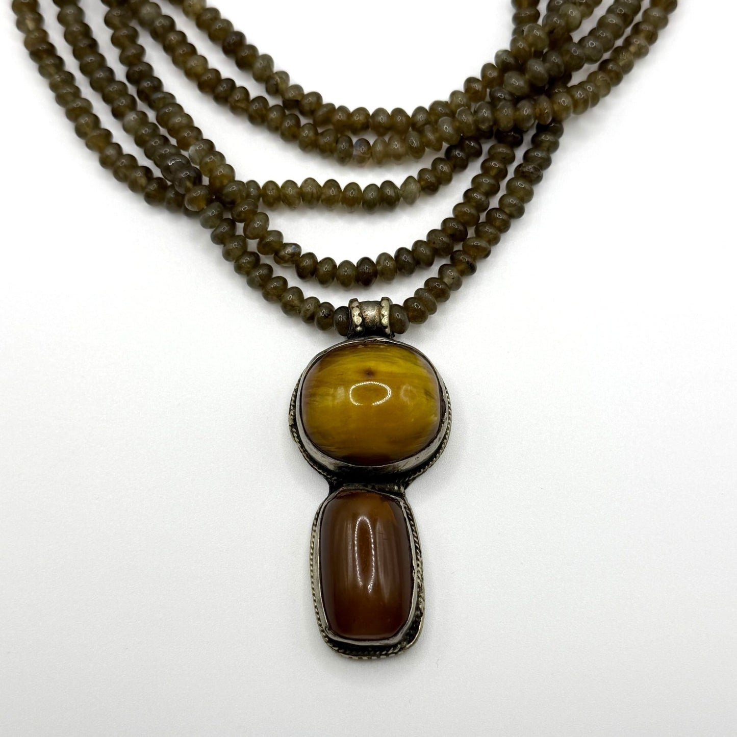 Custom Multi-Strand Green Cats Eye Quartz Necklace With Sterling Silver & Amber Pendant