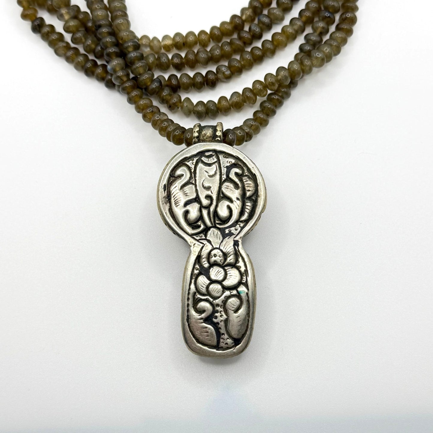 Custom Multi-Strand Green Cats Eye Quartz Necklace With Sterling Silver & Amber Pendant