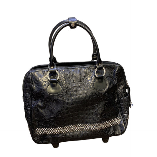 Raviani Black Leather w/Jeweled Leather Roller Carry On Bag/Handbag Size XLarge