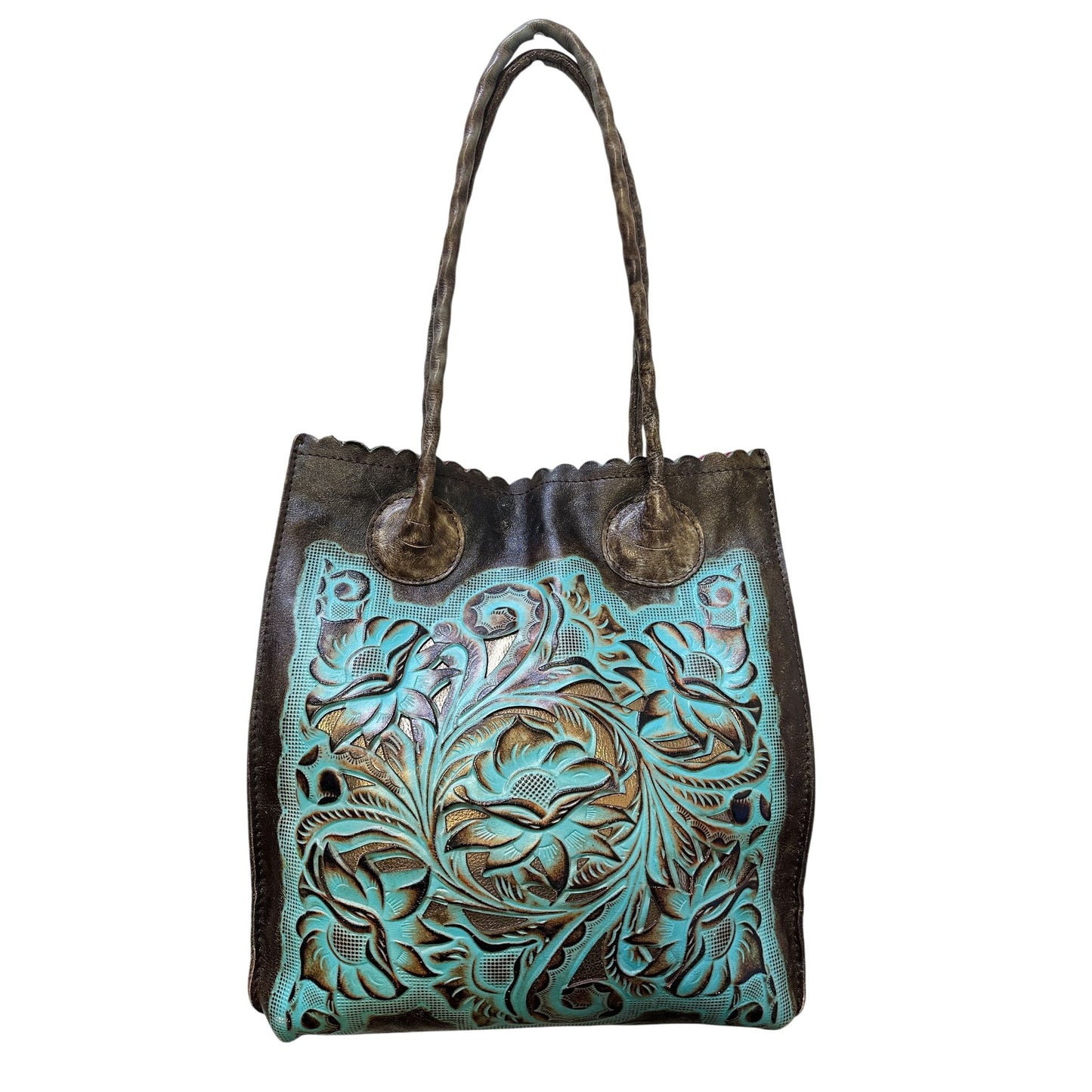 Patricia Nash Brown & Turquoise Distressed Leather Tote Bag Size Large