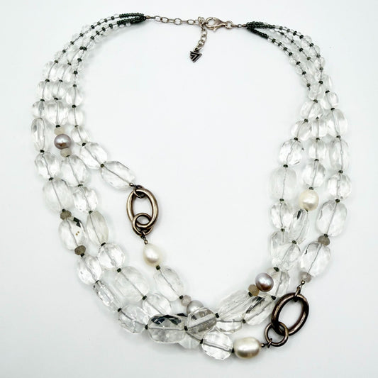 Retired Silpada 3 Strand 925 Sterling Silver Necklace With Pearls & Crystal Accents