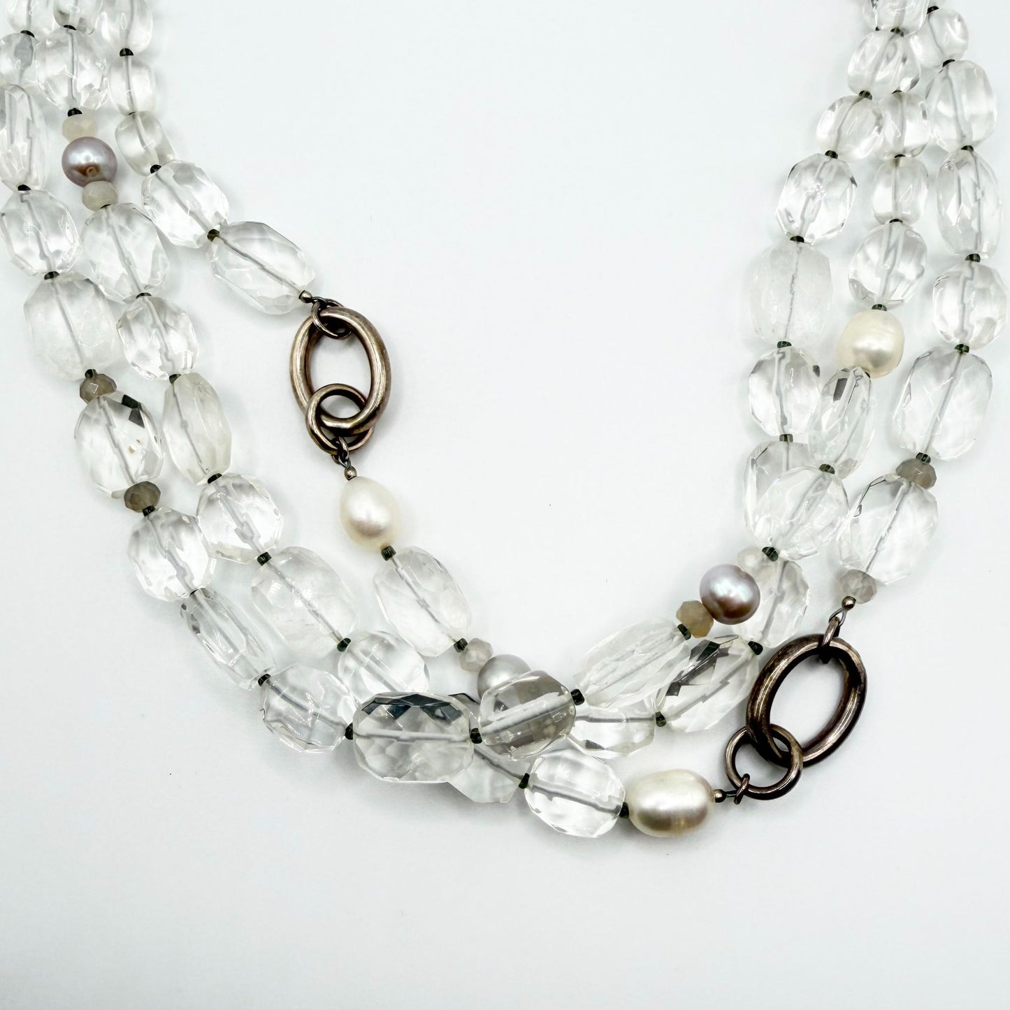 Retired Silpada 3 Strand 925 Sterling Silver Necklace With Pearls & Crystal Accents