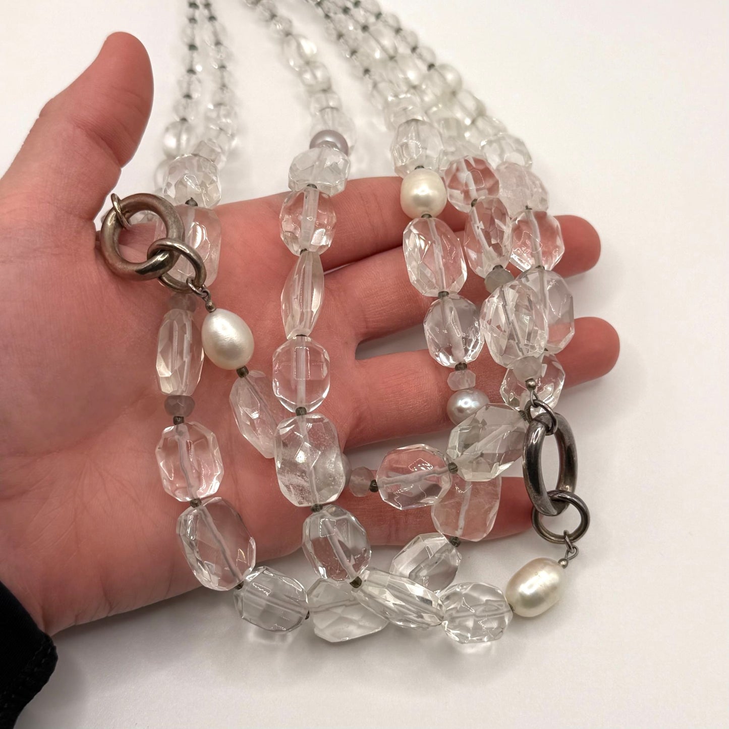 Retired Silpada 3 Strand 925 Sterling Silver Necklace With Pearls & Crystal Accents