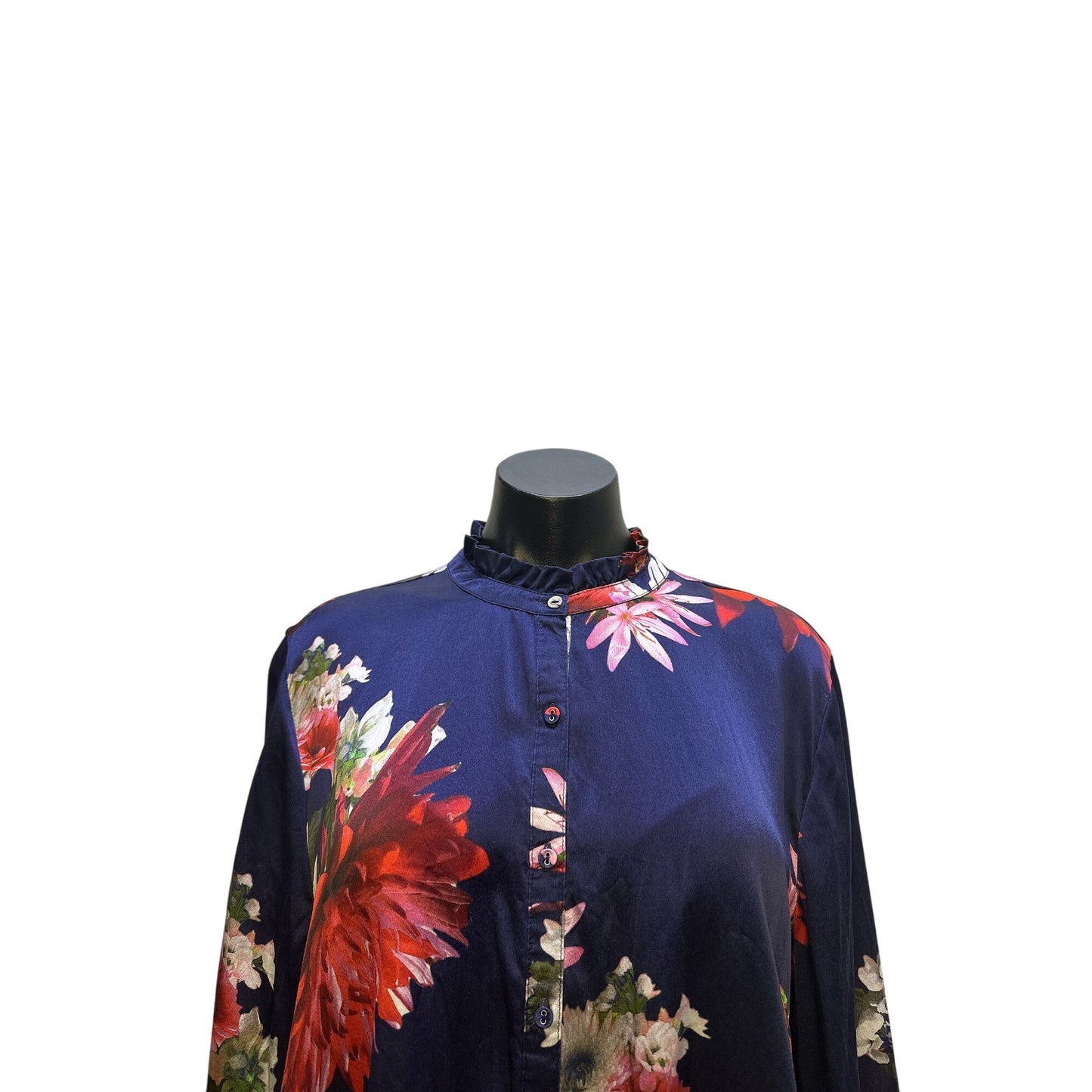 Johnny Was Silk Floral Button-Up Blouse w/Ruffle Collar & Cuffs