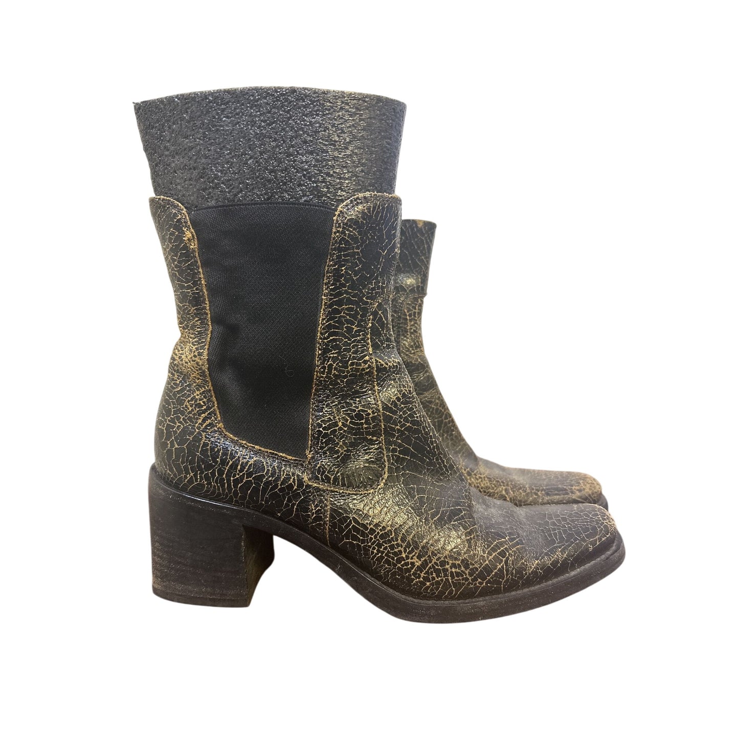 Miu Miu Black & Gold Vintage Leather Boots w/Crackle Design & Block Heel