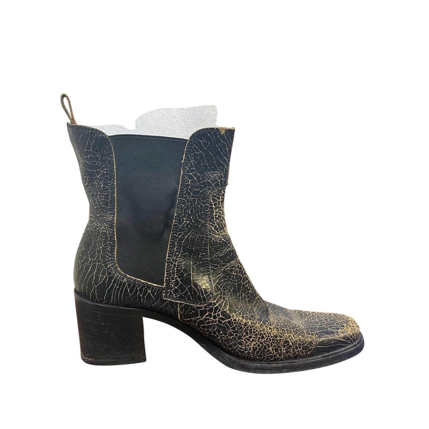 Miu Miu Black & Gold Vintage Leather Boots w/Crackle Design & Block Heel