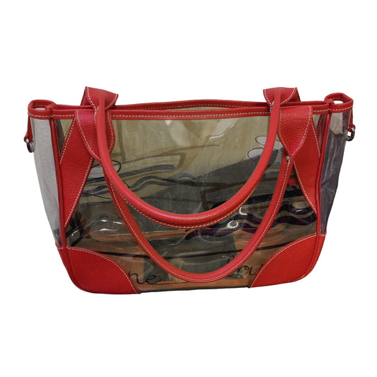 Prada Red Leather Trimmed Cinghiale Clear Beach Tote Handbag Size Large