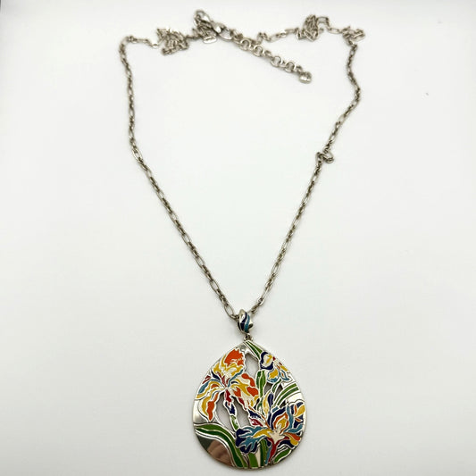 Brighton Iris Bloom Convertible Silver Necklace With Colorful Floral Pendant