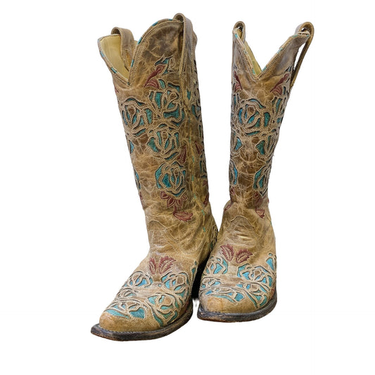 Corral Floral Embroidered Western Cowboy Boots Brown Leather Size 6