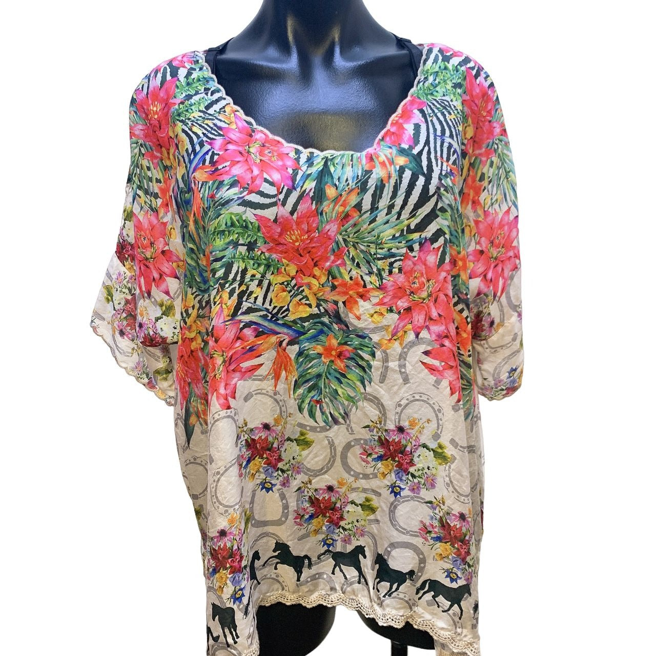 *Johnny Was Multi Color Floral Print Silk Blouse Large