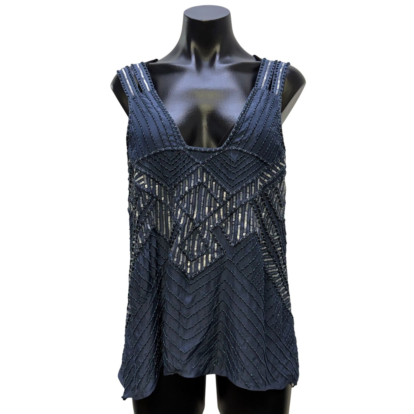 Parker Blue Beaded & Sequined Sleeveless Blouse Top S