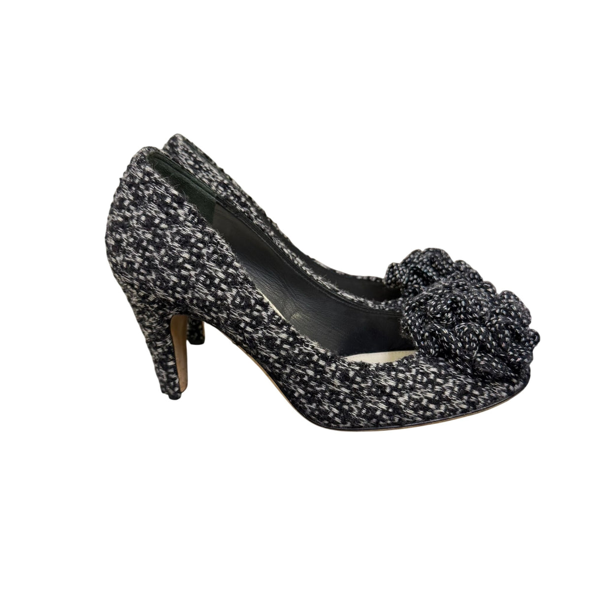 Chanel Black & White Tweed Pump Heels w/Fabric Flower Detail Size 5