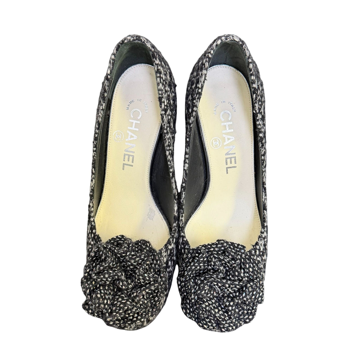 Chanel Black & White Tweed Pump Heels w/Fabric Flower Detail Size 5