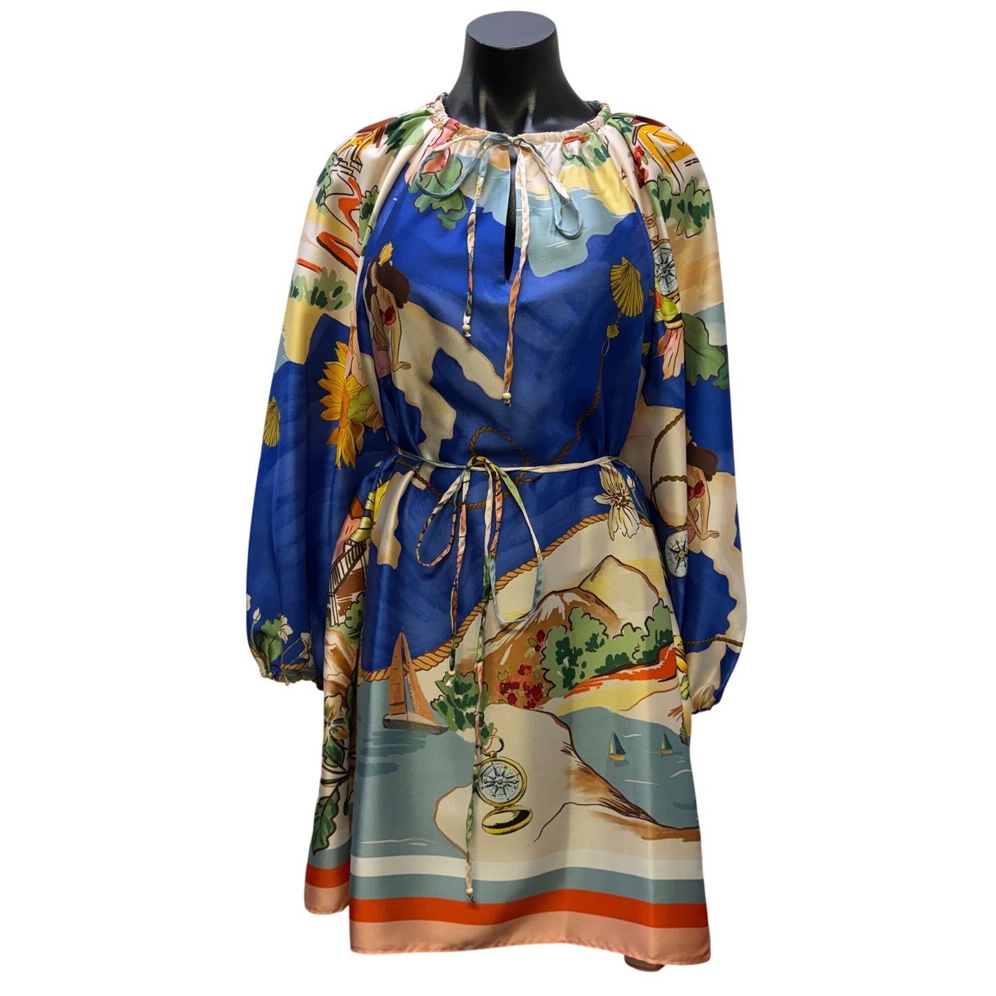 Antonio Melani Long-Sleeve Dress With Tie Waist Blue Multicolor L