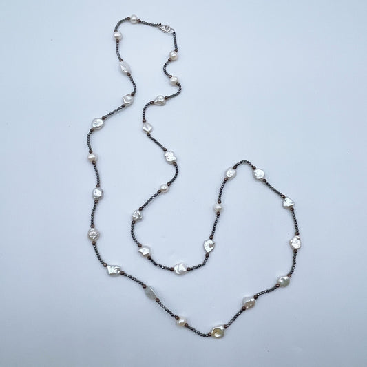 Long Keshi Pearl & Hematite Beaded Necklace With Bronze Accents 36"