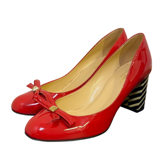 Kate Spade Calista Red Patent Bow Pumps With Black & Cream Striped Heels Size 7.5
