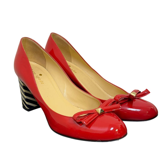 Kate Spade Calista Red Patent Bow Pumps With Black & Cream Striped Heels Size 7.5