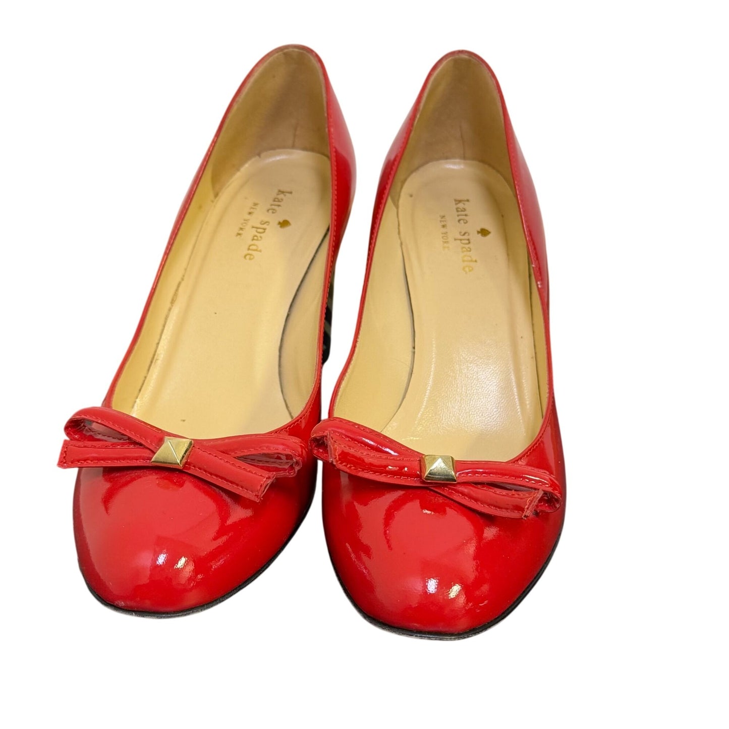 Kate Spade Calista Red Patent Bow Pumps With Black & Cream Striped Heels Size 7.5